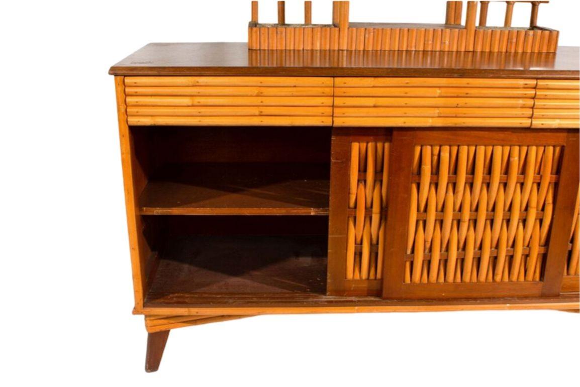 Restored Rattan Credenza Media Console with Woven Front Doors In Excellent Condition For Sale In Van Nuys, CA