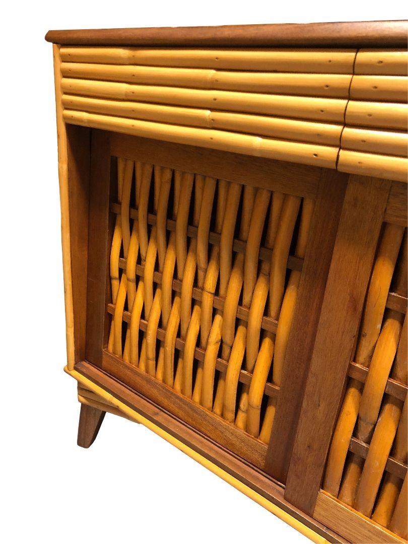 Restored Rattan Credenza Media Console with Woven Front Doors For Sale 3