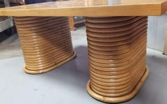 Restored Rattan Cube Pattern Coffee Table Top with Stacked Pedestal Legs