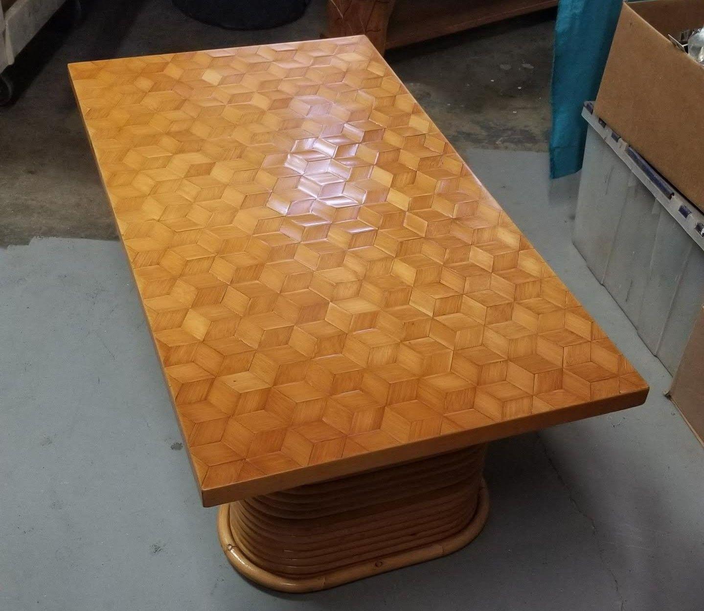 Mid-Century Modern Restored Rattan Cube Pattern Coffee Table Top with Stacked Pedestal Legs For Sale