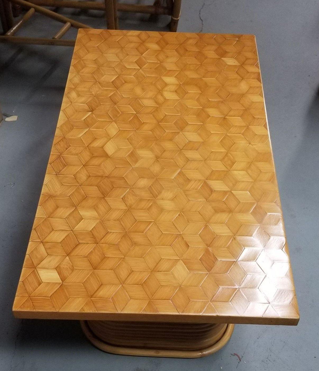 Restored Rattan Cube Pattern Coffee Table Top with Stacked Pedestal Legs In Excellent Condition For Sale In Van Nuys, CA