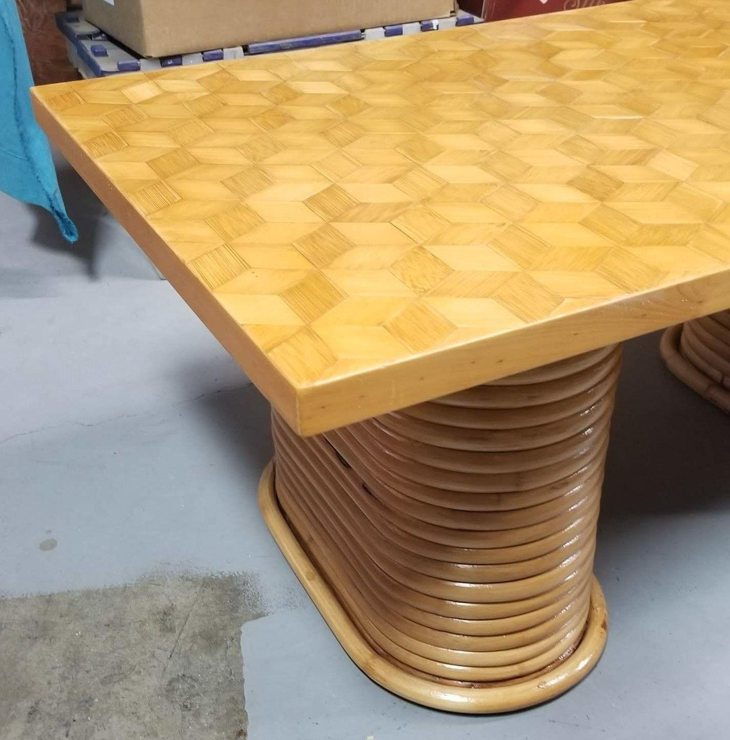 Mid-20th Century Restored Rattan Cube Pattern Coffee Table Top with Stacked Pedestal Legs For Sale