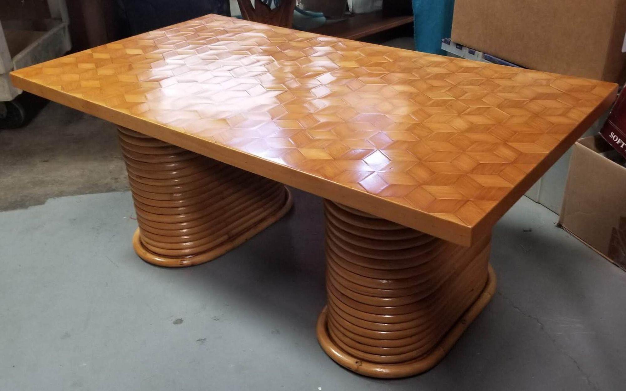 Restored Rattan Cube Pattern Coffee Table Top with Stacked Pedestal Legs For Sale 2