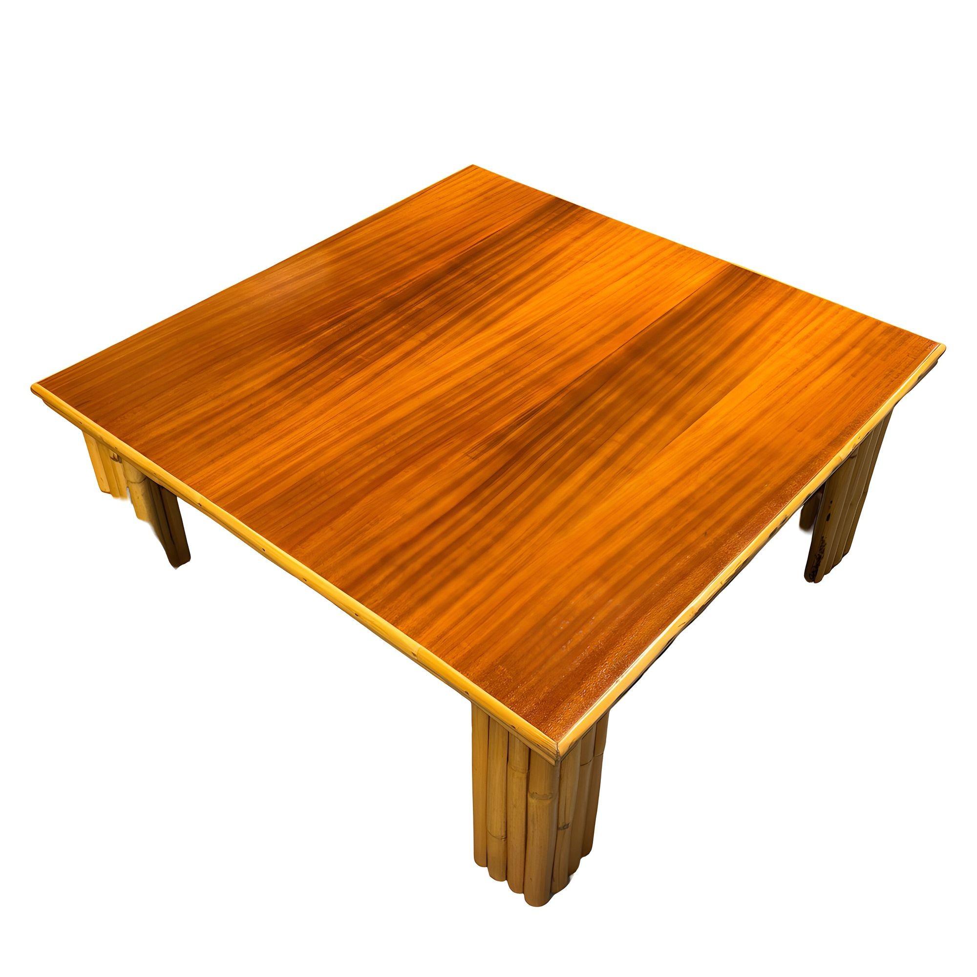 American Restored Rattan & Curly Mahogany Square Coffee Table w/ Stacked Rattan Legs For Sale