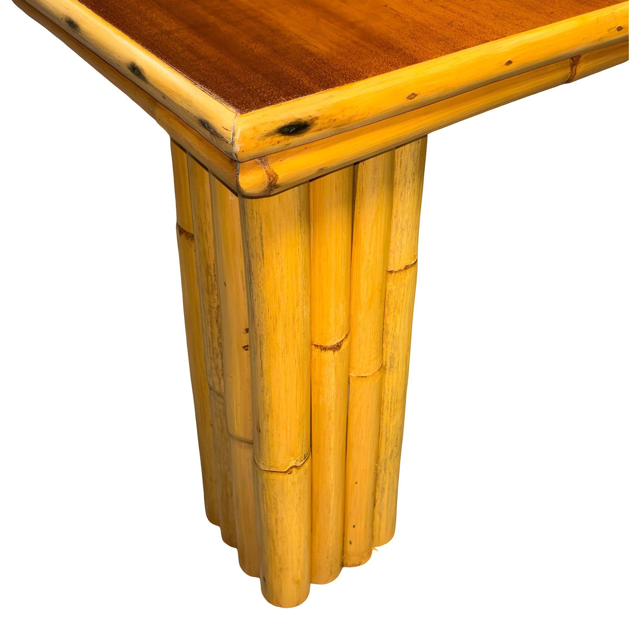 Restored Rattan & Curly Mahogany Square Coffee Table w/ Stacked Rattan Legs In Excellent Condition For Sale In Van Nuys, CA