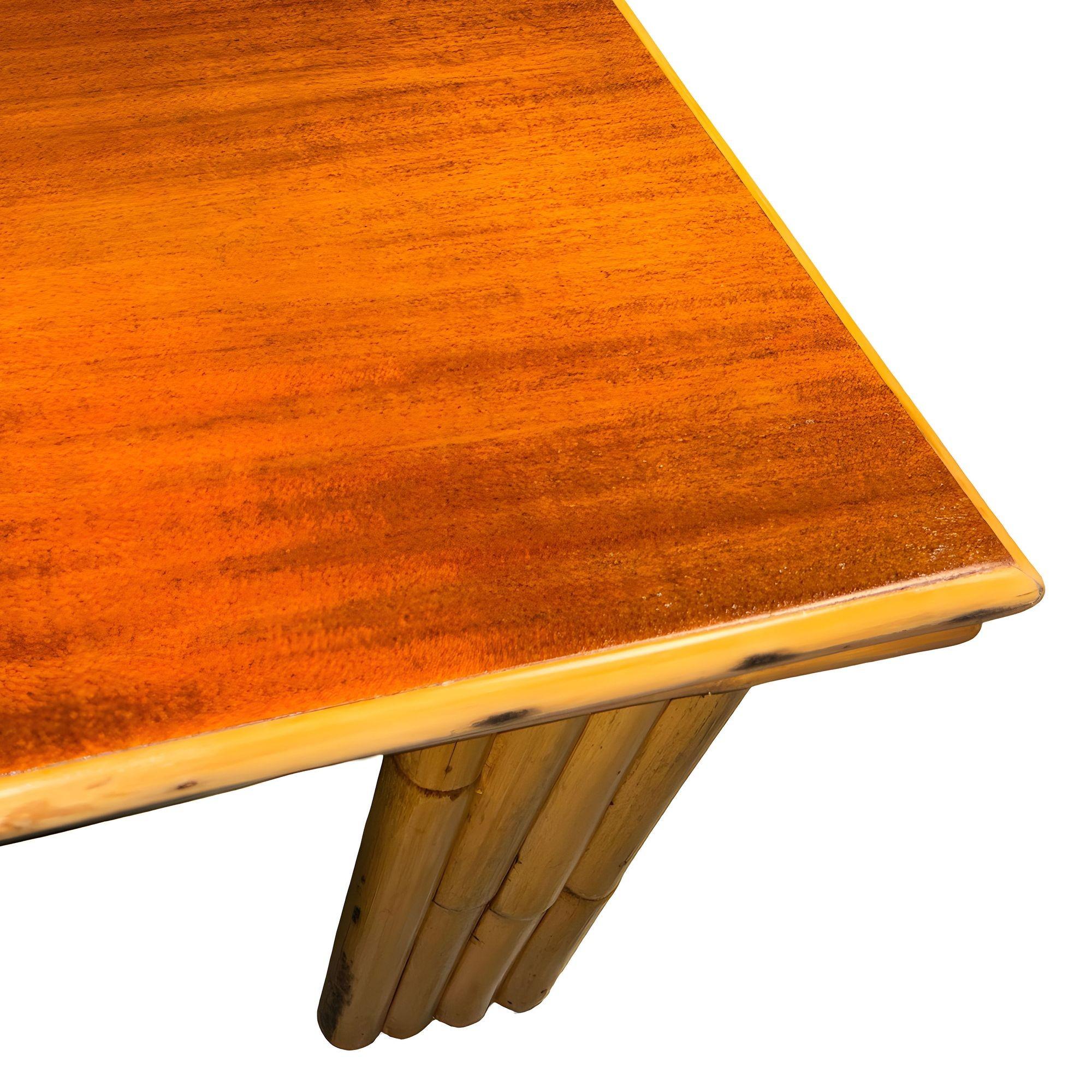 Mid-20th Century Restored Rattan & Curly Mahogany Square Coffee Table w/ Stacked Rattan Legs For Sale