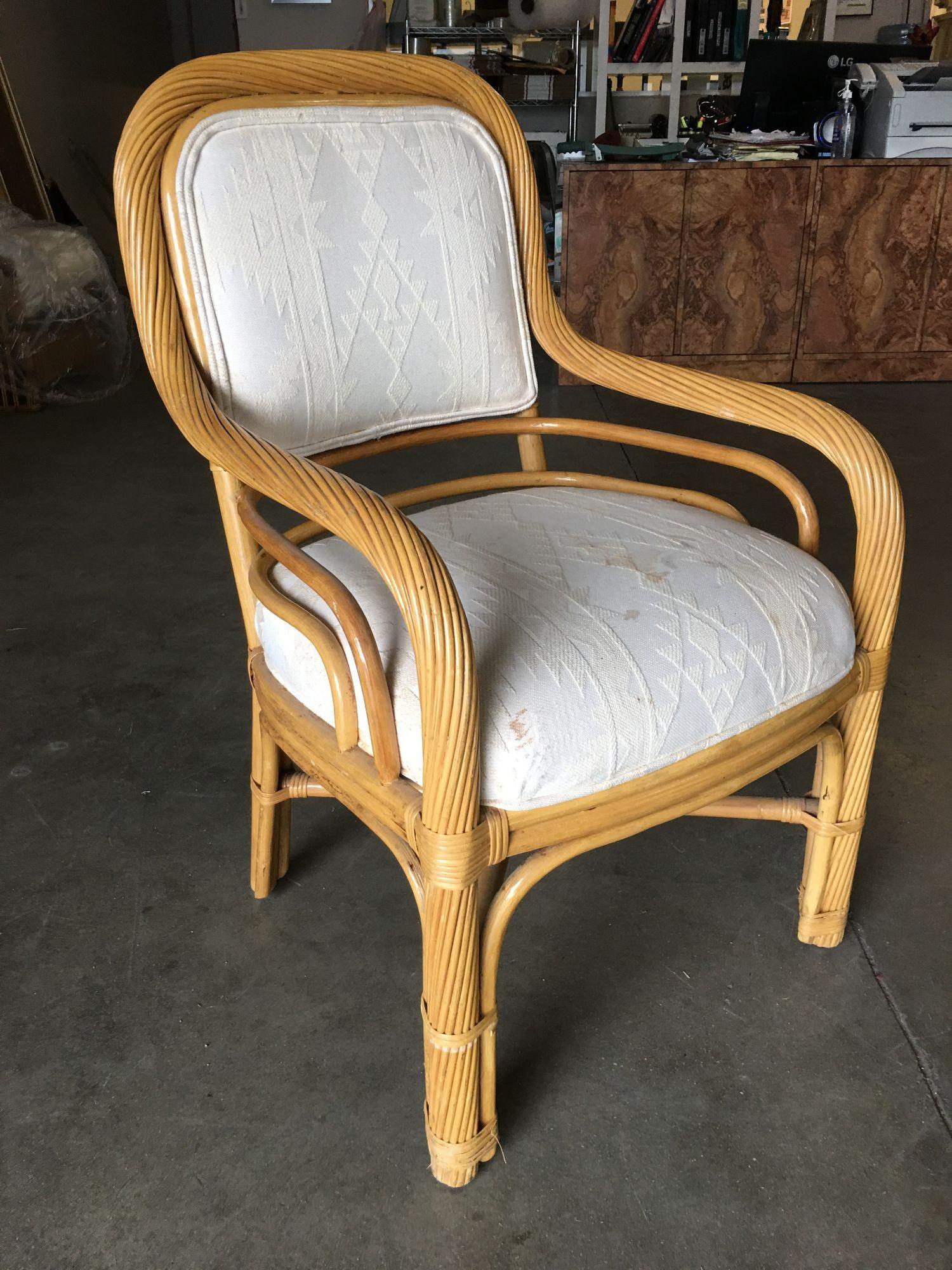 American Restored Rattan Dining Armchair W/ Twisted Rattan Arms, Set of 4 For Sale