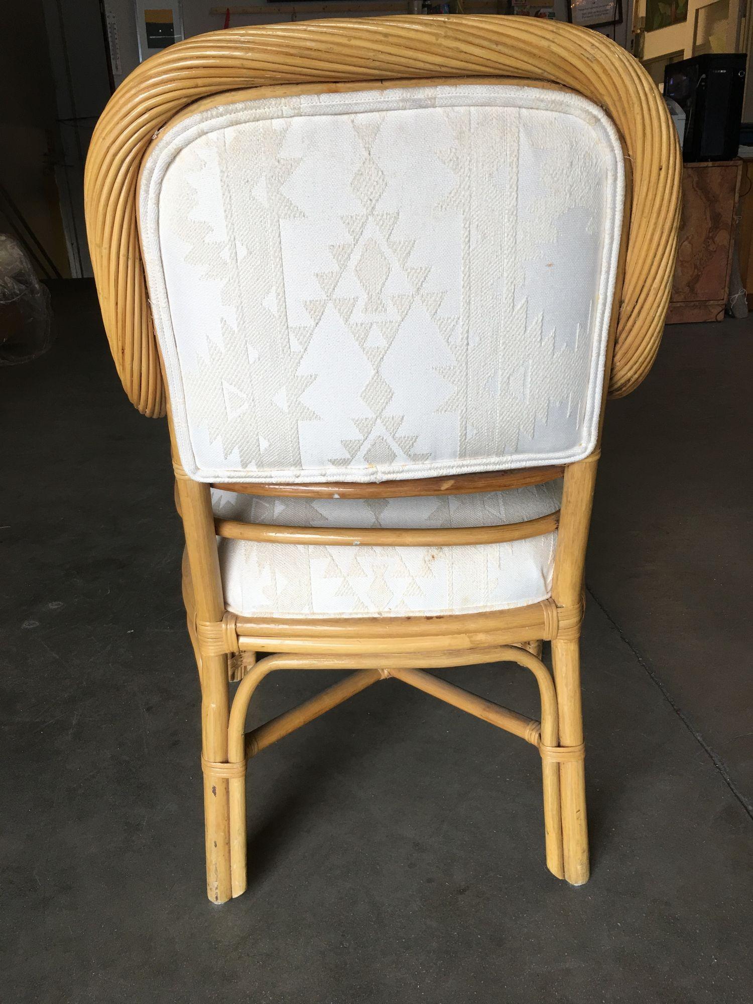 Mid-20th Century Restored Rattan Dining Armchair W/ Twisted Rattan Arms, Set of 4 For Sale