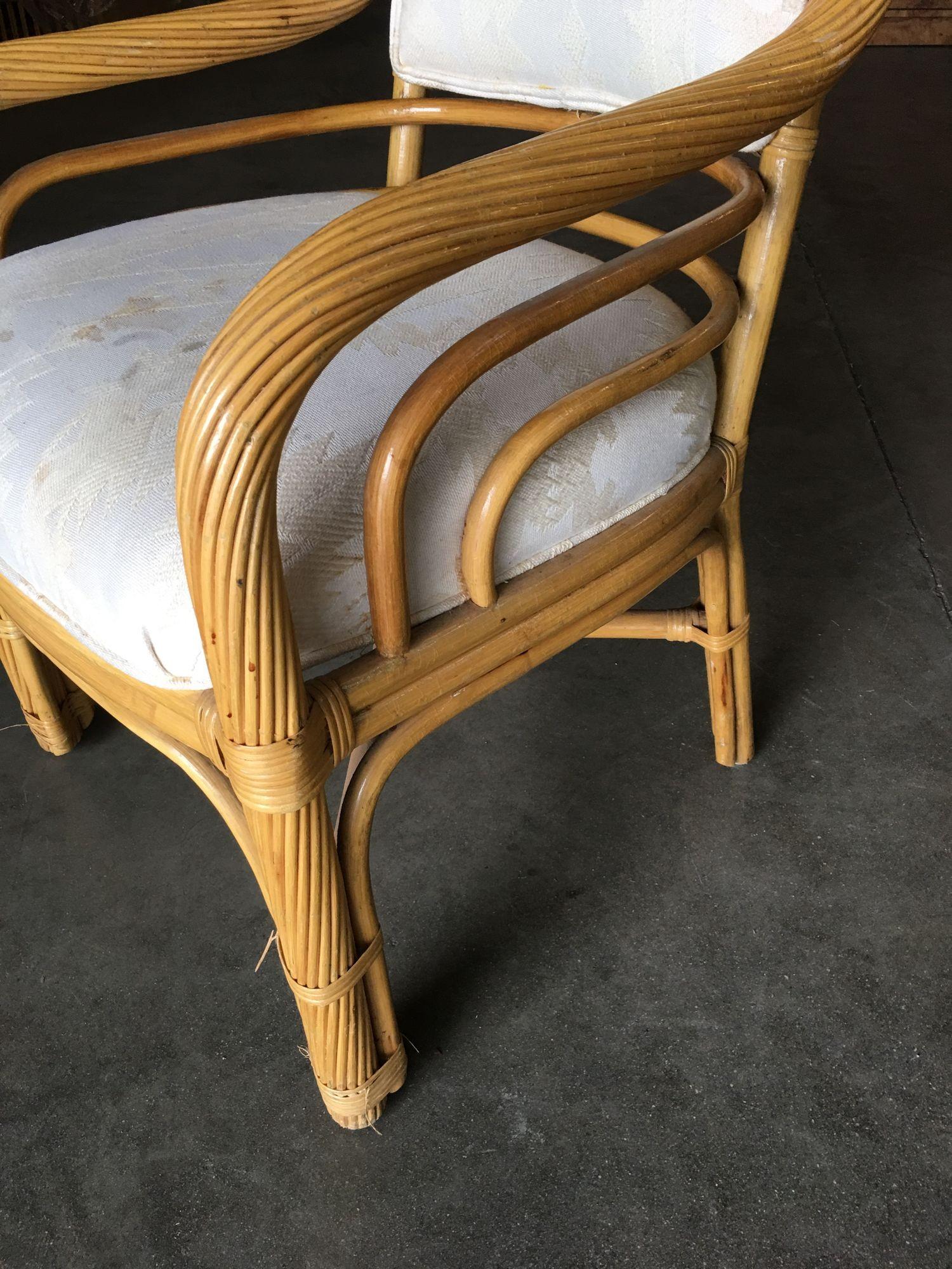 Restored Rattan Dining Armchair W/ Twisted Rattan Arms, Set of 4 For Sale 2