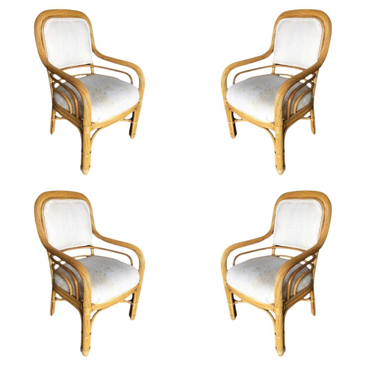 Restored Rattan Dining Armchair W/ Twisted Rattan Arms, Set of 4
