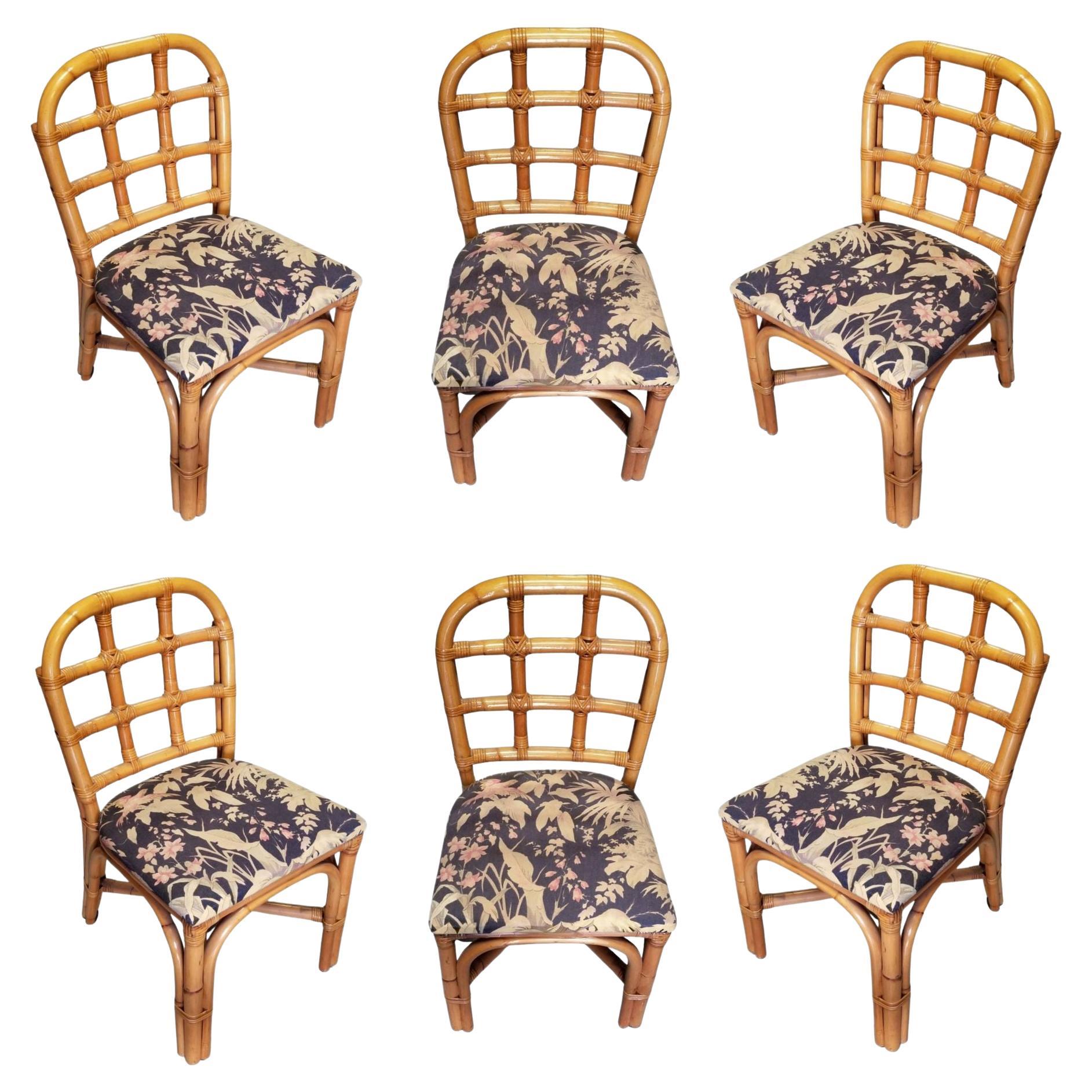 Restored Rattan Dining Chairs set w/ Tic-Tac-Toe Back, Set of 6 For Sale