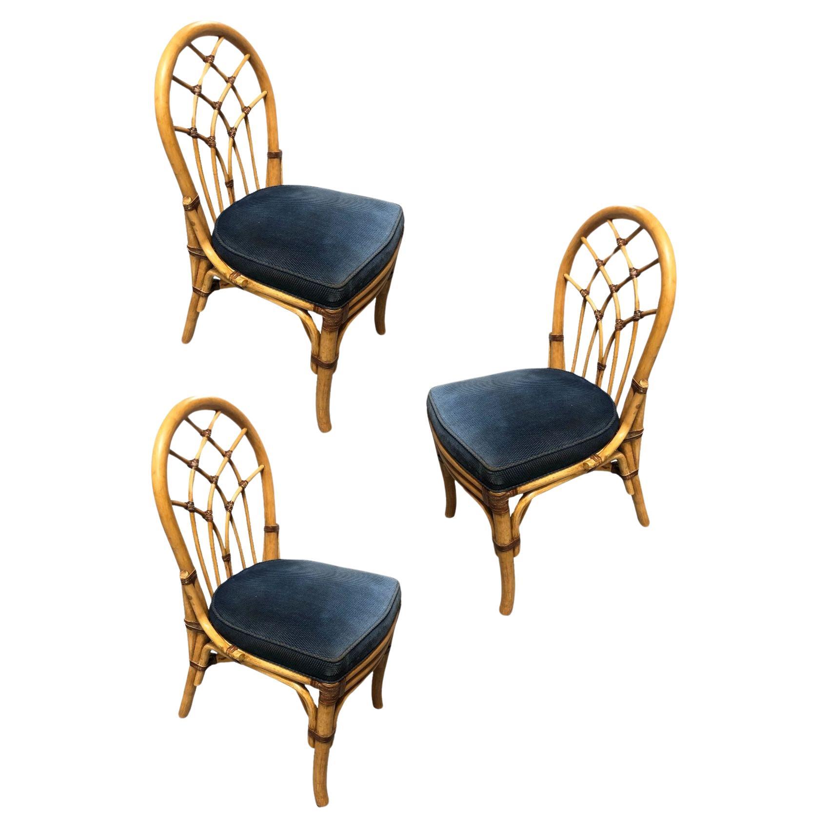Restored Rattan Dining Chairs with Cathedral Back For Sale