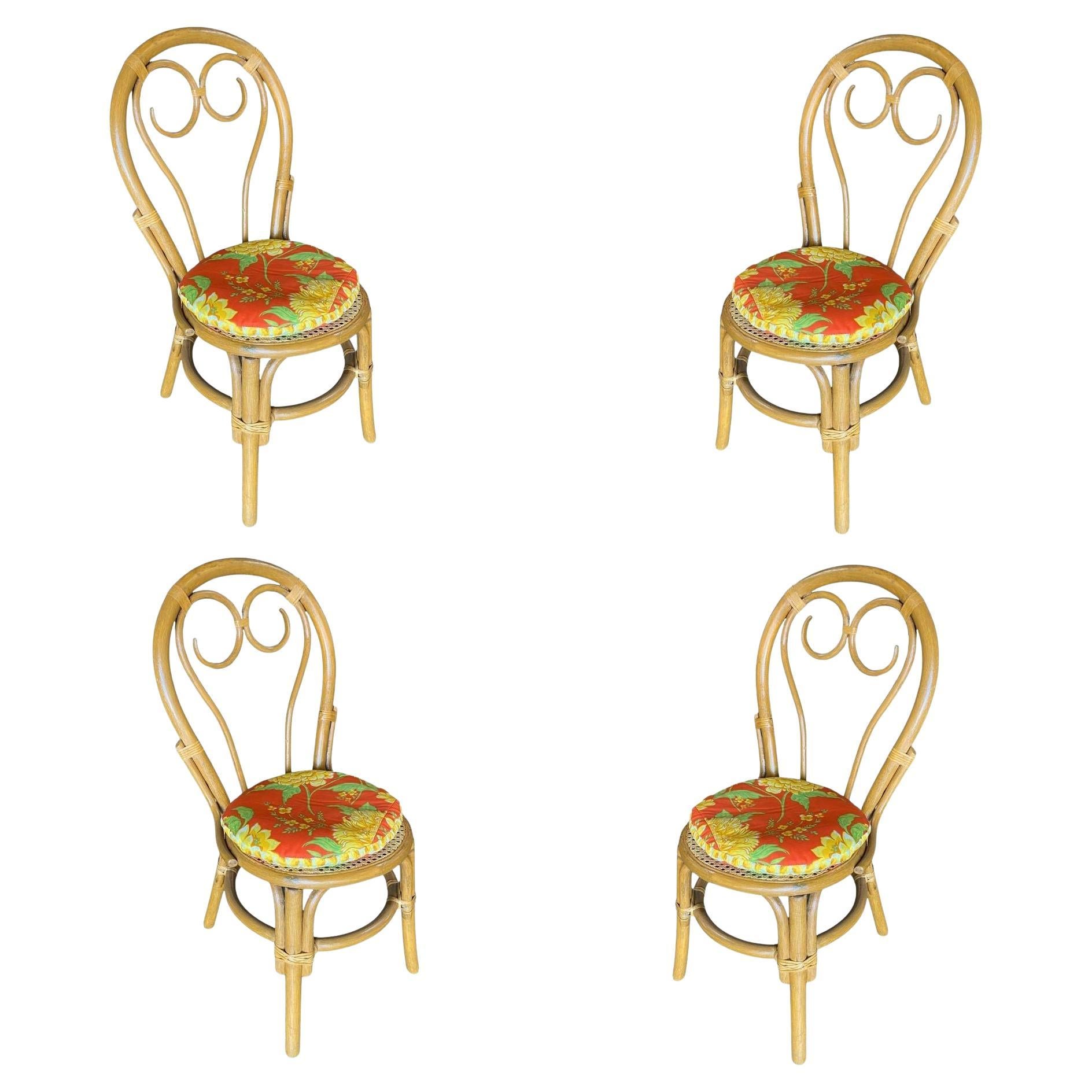 Restored Rattan Dining Chairs with Scrolling Back, Set of 4 For Sale