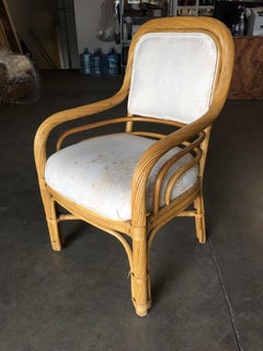 Restored Rattan Dining Side Armchair with Twisted Stick Rattan Arms, Set of Four