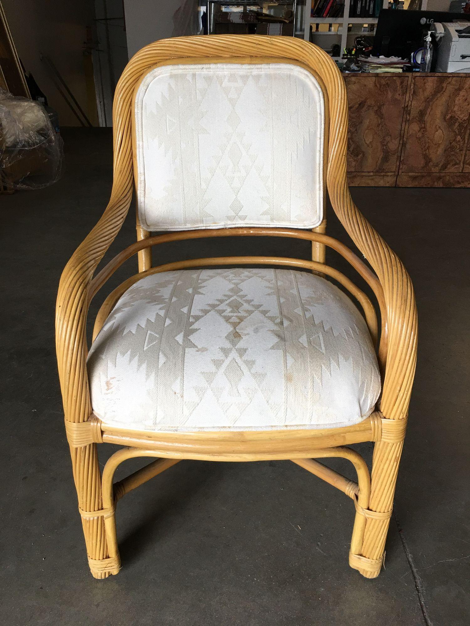Mid-Century Modern Restored Rattan Dining Side Armchair with Twisted Stick Rattan Arms, Set of Four