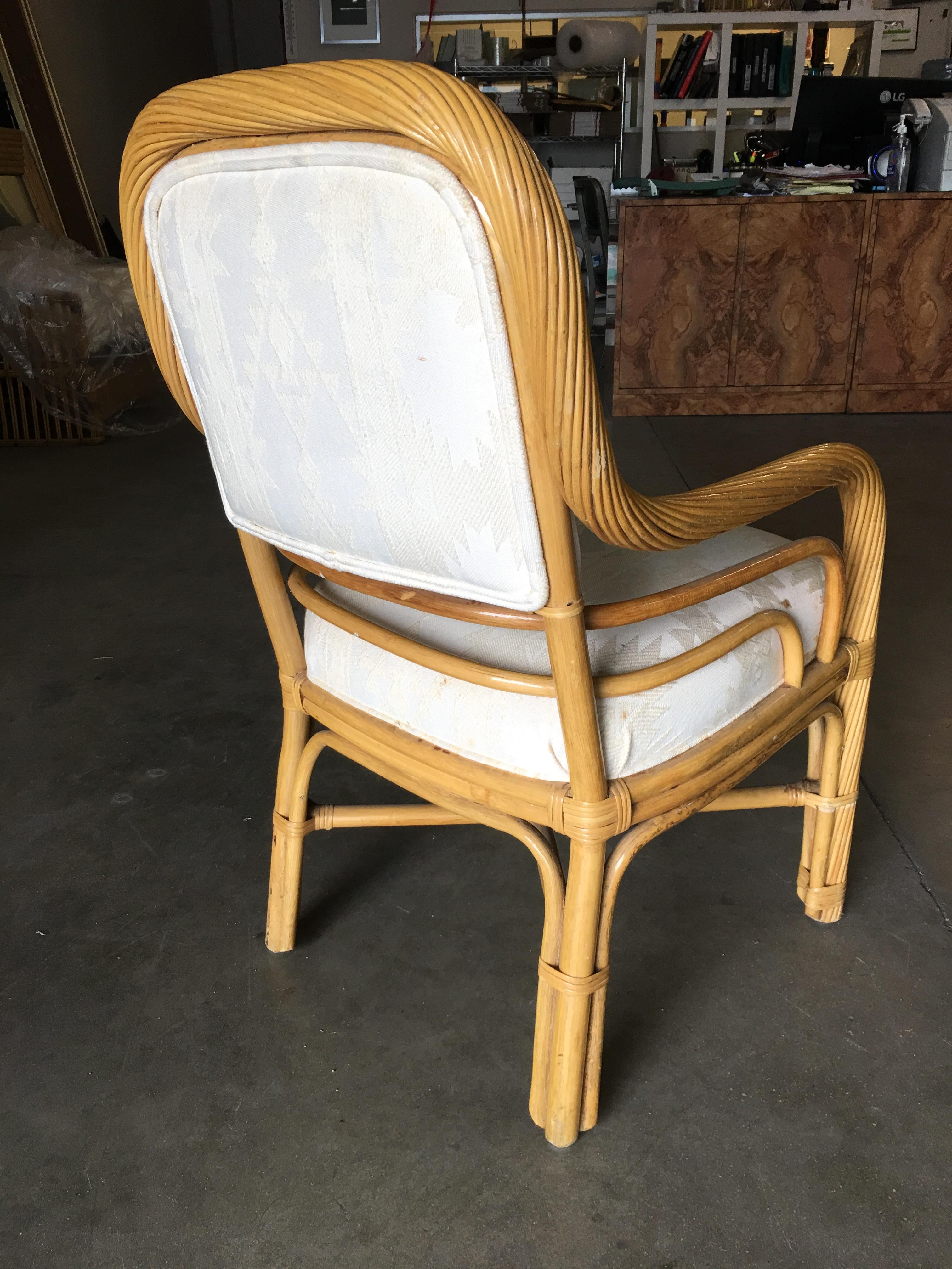 Restored Rattan Dining Side Armchair with Twisted Stick Rattan Arms, Set of Four In Excellent Condition In Van Nuys, CA