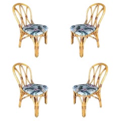 Chaise d'appoint de salle à manger en rotin restauré avec dossier en verre sablé, ensemble de quatre