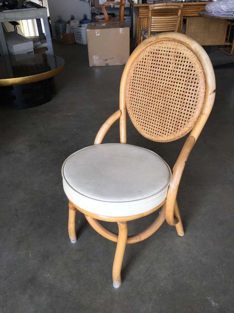 Mid-20th Century Restored Rattan Dining Side Chair w/ Round Wicker Seat, Set of Six For Sale