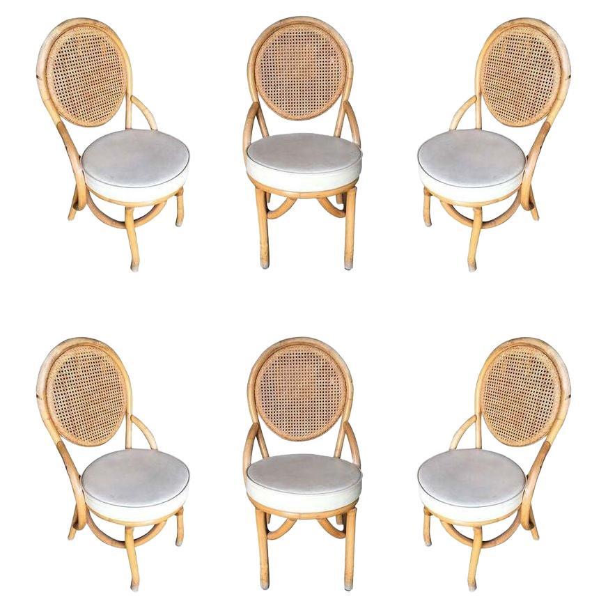 Restaurierter Rattan-Esszimmer-Beistellstuhl mit rundem Korbweidesitz, Sechser-Set