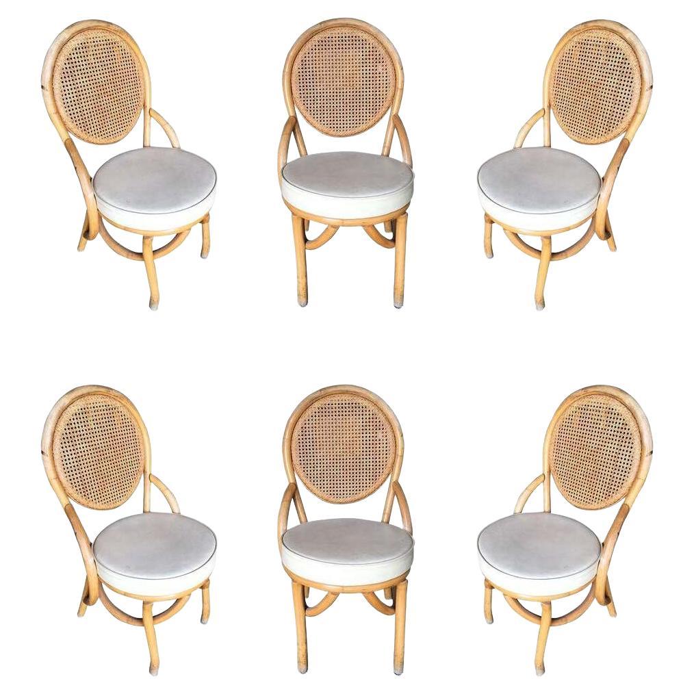 Restored Rattan Dining Side Chair with Round Woven Wicker Seat, Set of Six