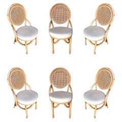 Vintage Restored Rattan Dining Side Chair with Round Woven Wicker Seat, Set of Six
