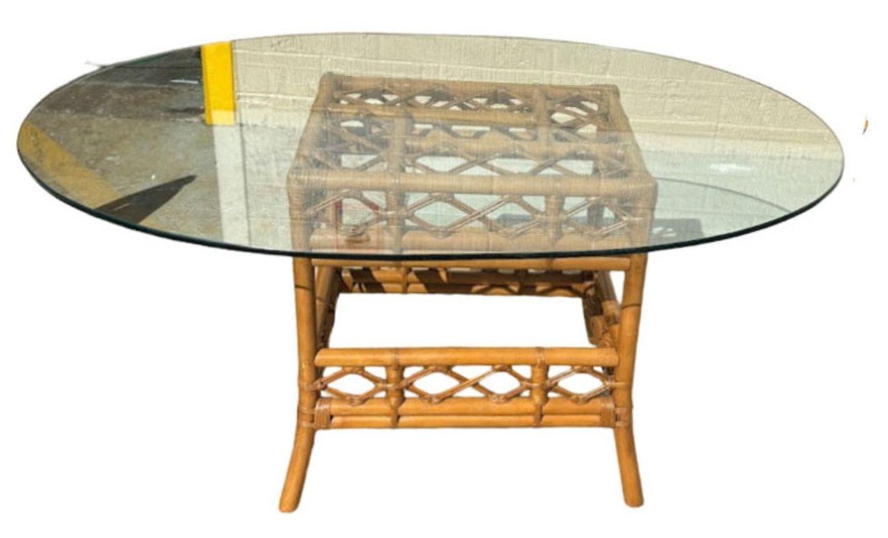 Restored Rattan Dining Table & Chairs w/ Leopard Print Cushions For Sale 1