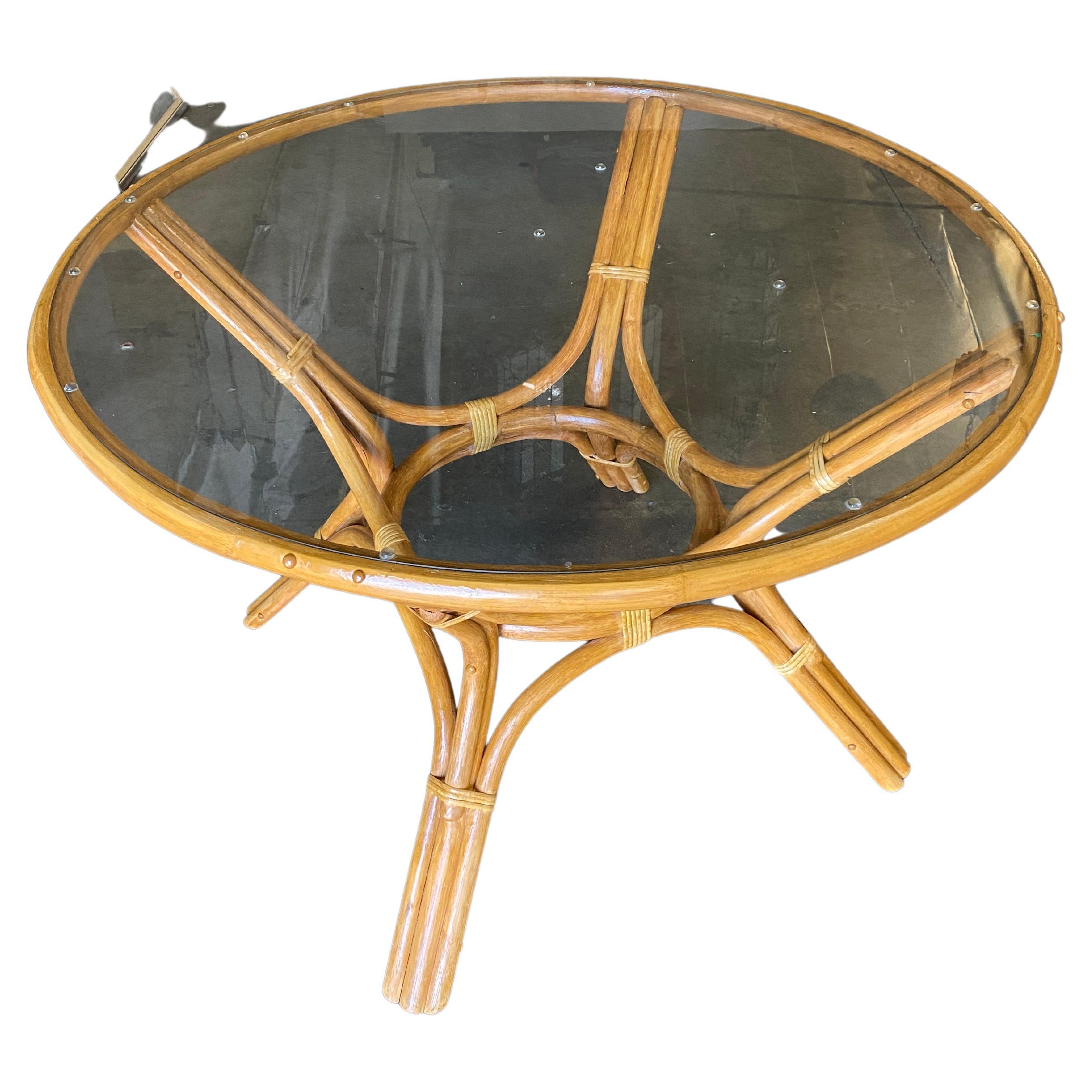 Restored Rattan Dining Table with Round Glass Top at 1stDibs
