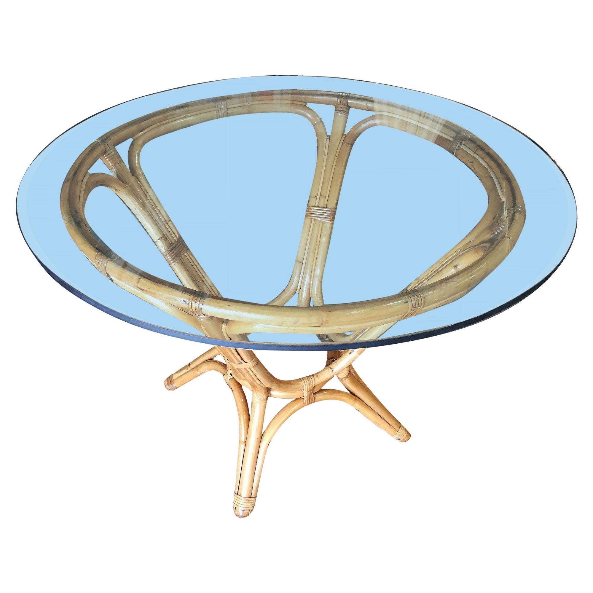 Restored Rattan Desk or Dining Table with Glass Top in style of Paul