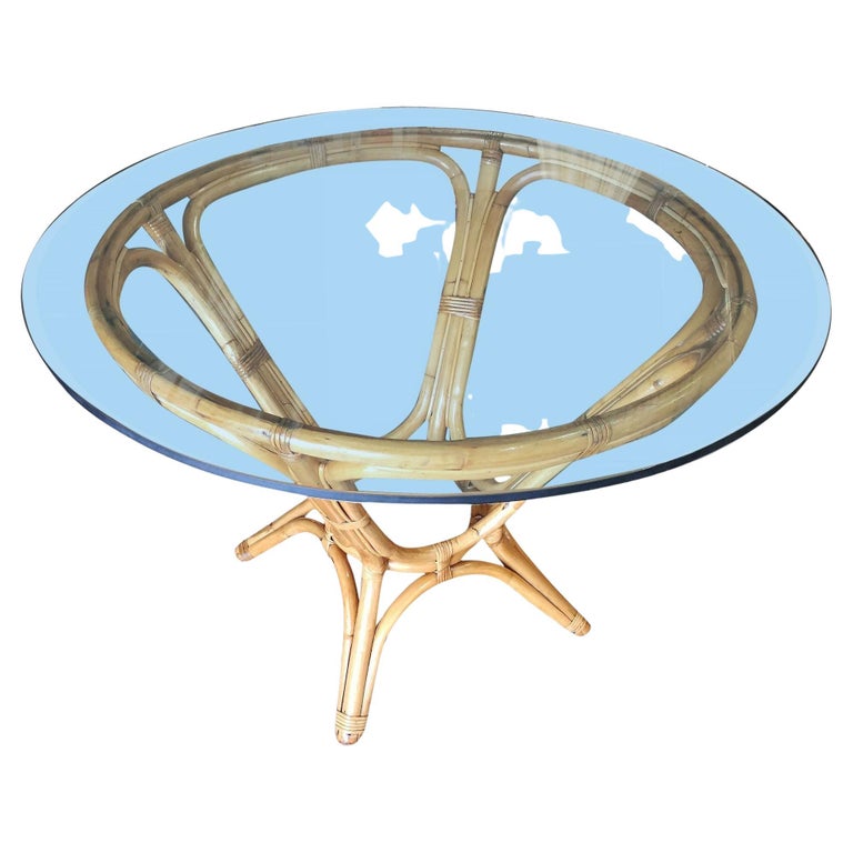 Restored Rattan Dining Table with Round Glass Top For Sale at 1stDibs