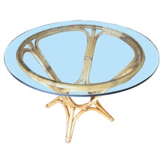 Restaurierter Rattan-Esstisch mit runder Glasplatte