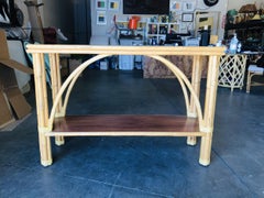 Restored Rattan "Double Arch" Sofa or Console Table with Two-Tier Mahogany Tops