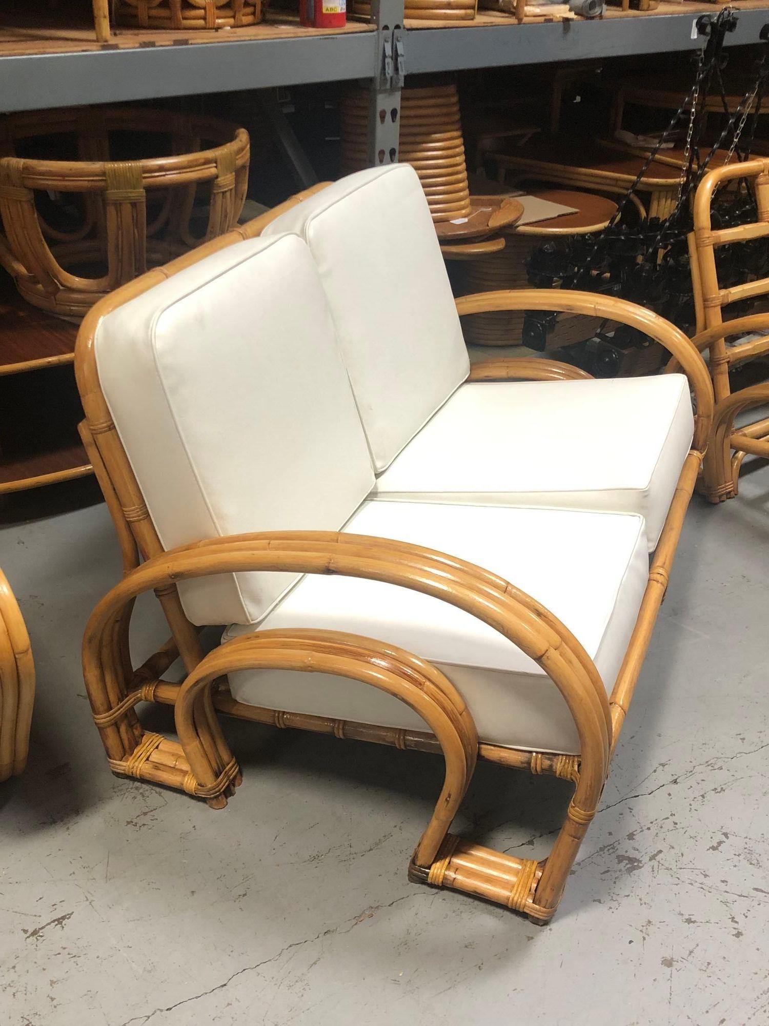Restored Rattan Double Horseshoe Settee - Pair For Sale 5