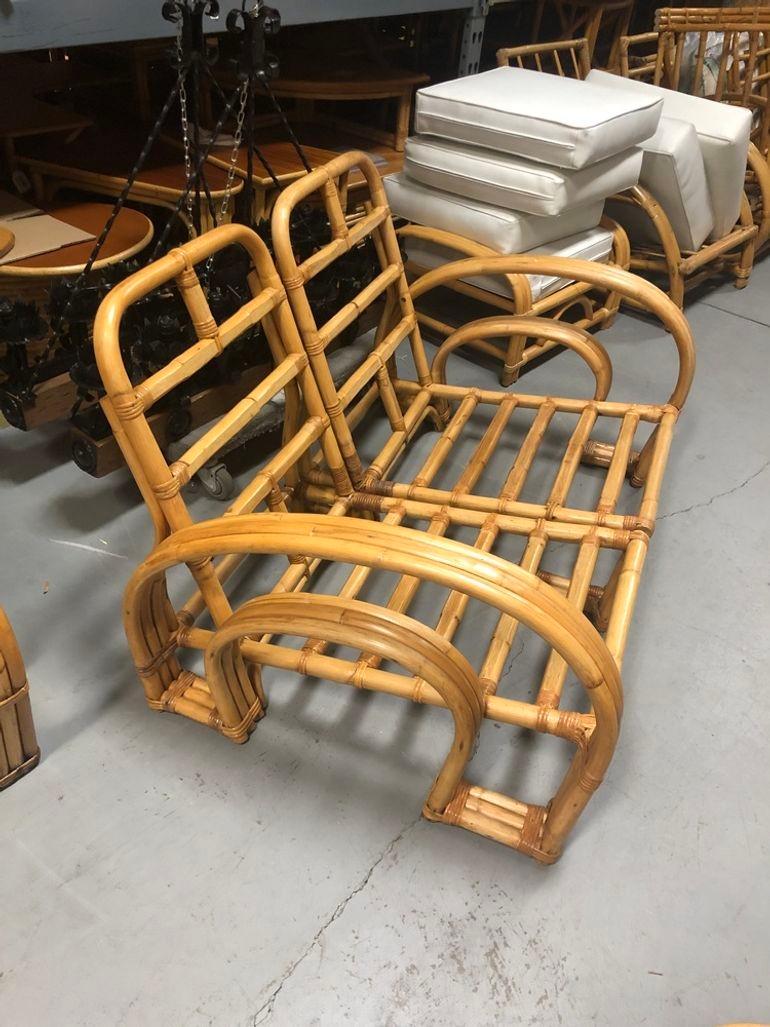 Mid-20th Century Restored Rattan Double Horseshoe Settee - Pair For Sale