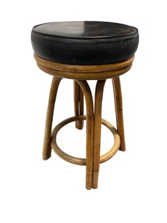 Restored Rattan Double Stand Arched Barstool w/ Black Naugahyde seat, Pair