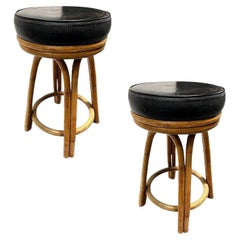 Vintage Restored Rattan Double Stand Arched Barstool w/ Black Naugahyde seat, Pair