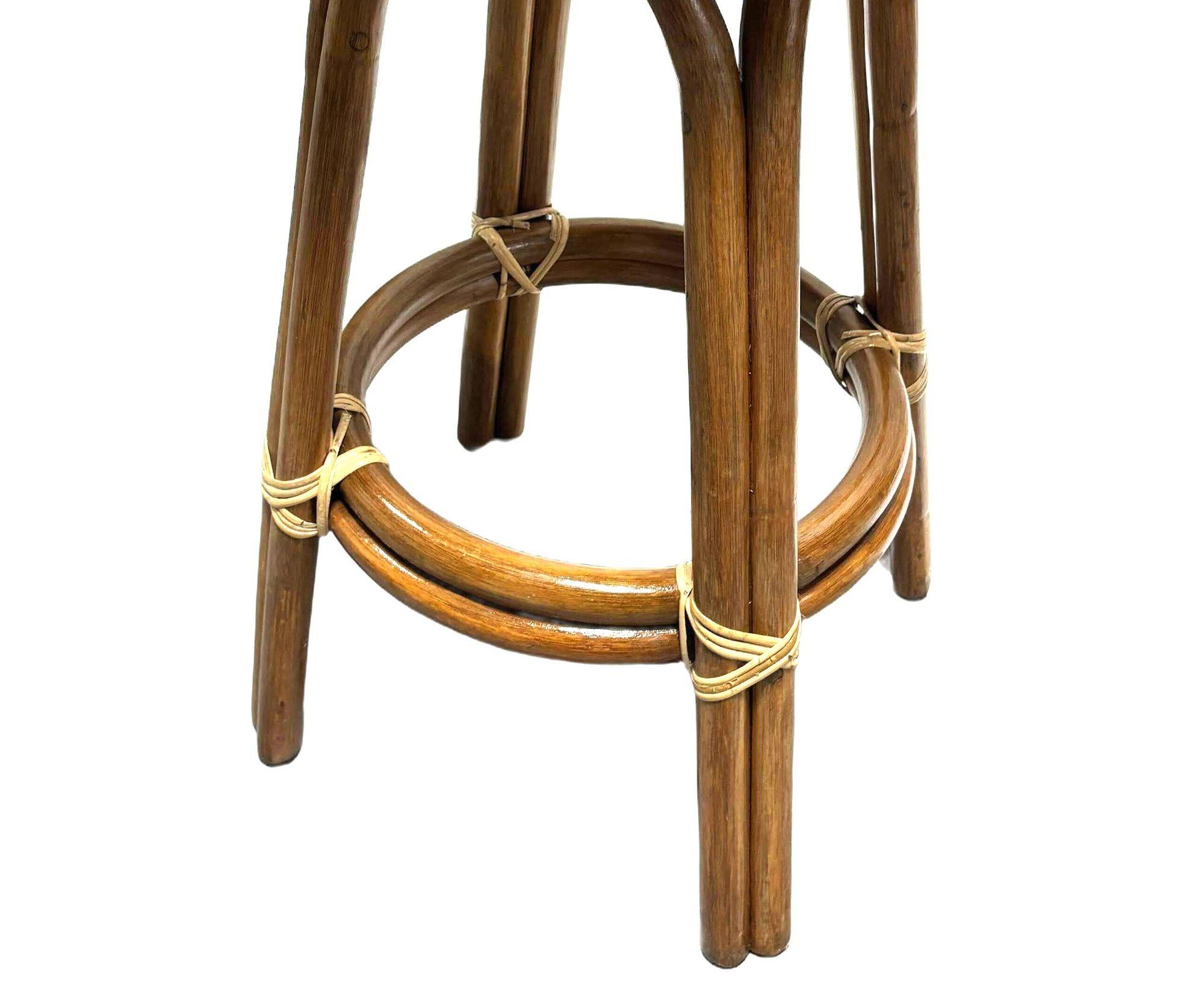 American Restored Rattan Double Stand Arched Barstool w/ Red seat, Set of 3 For Sale