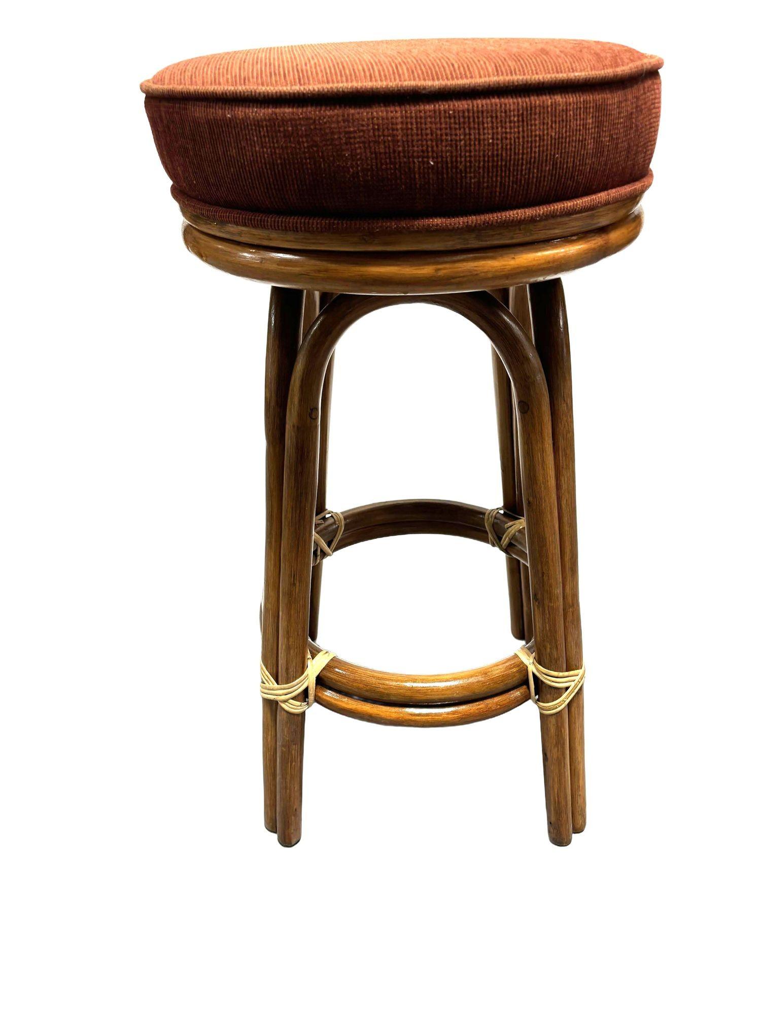 Restored Rattan Double Stand Arched Barstool w/ Red seat, Set of 3 In Excellent Condition For Sale In Van Nuys, CA