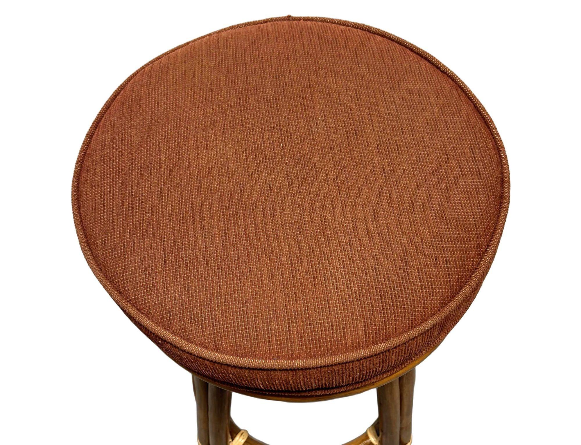 Mid-20th Century Restored Rattan Double Stand Arched Barstool w/ Red seat, Set of 3 For Sale