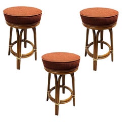 Restored Rattan Double Stand Arched Barstool w/ Red seat, Set of 3