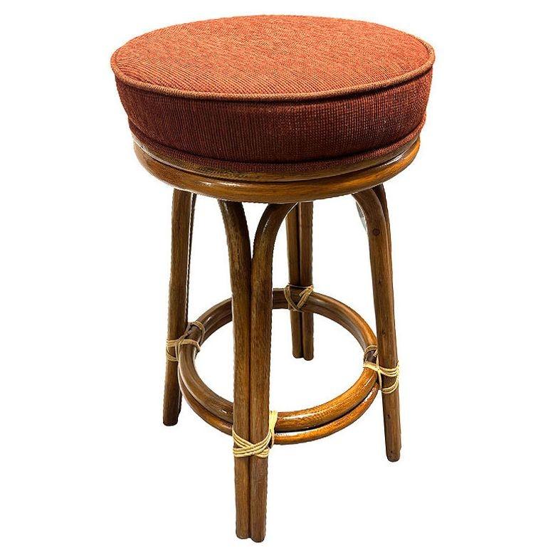 Mid-Century Modern Restored Rattan Double Stand Arched Leg Barstool w/ Red Seat, Set of 6 For Sale