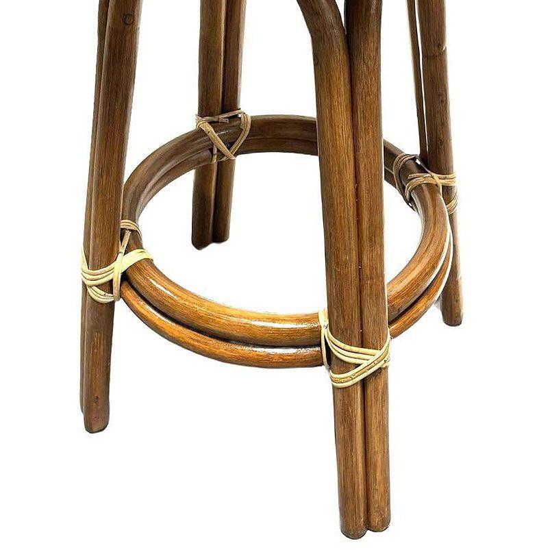 Mid-20th Century Restored Rattan Double Stand Arched Leg Barstool w/ Red Seat, Set of 6 For Sale
