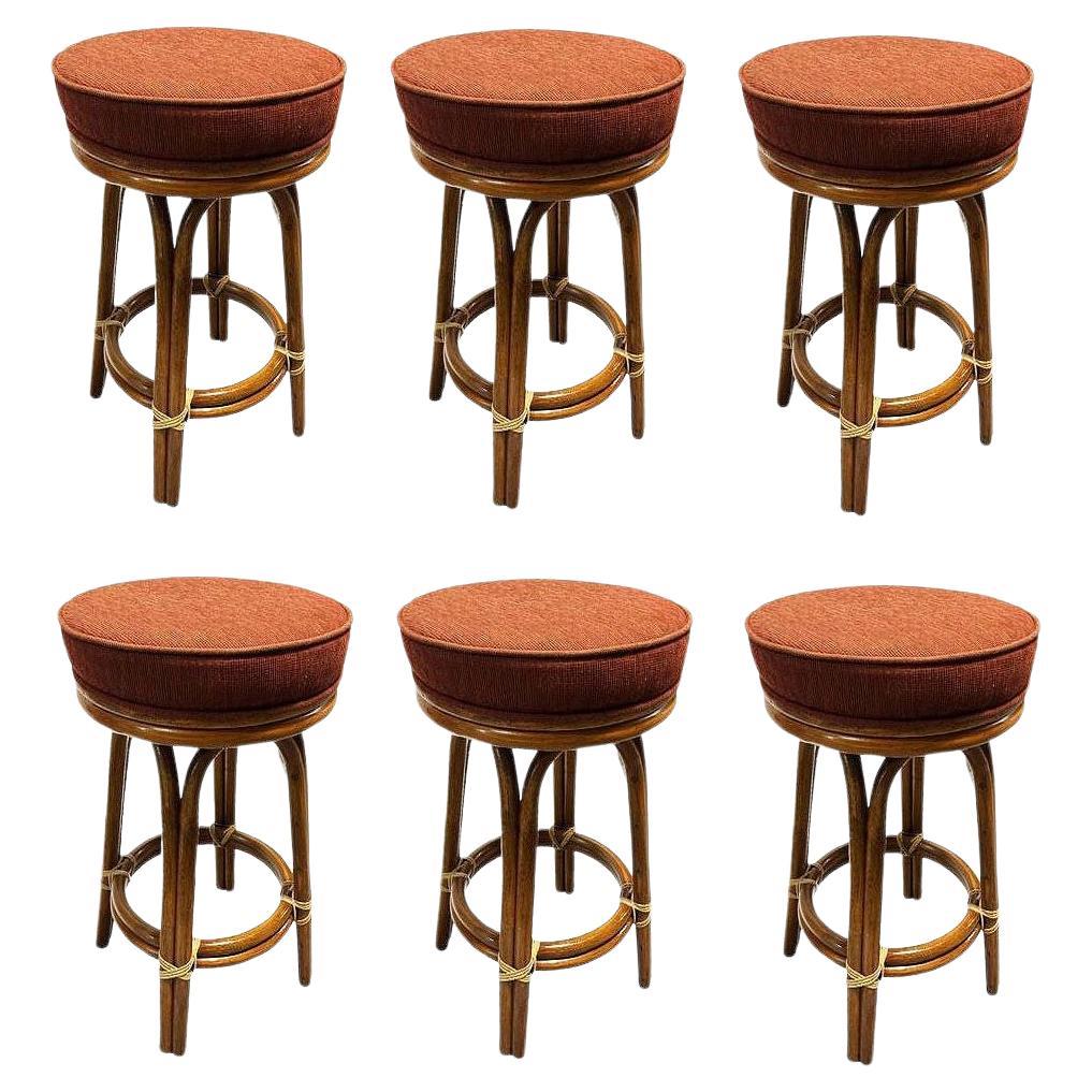 Restored Rattan Double Stand Arched Leg Barstool w/ Red Seat, Set of 6 For Sale