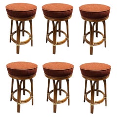 Restored Rattan Double Stand Arched Leg Barstool w/ Red Seat, Set of 6