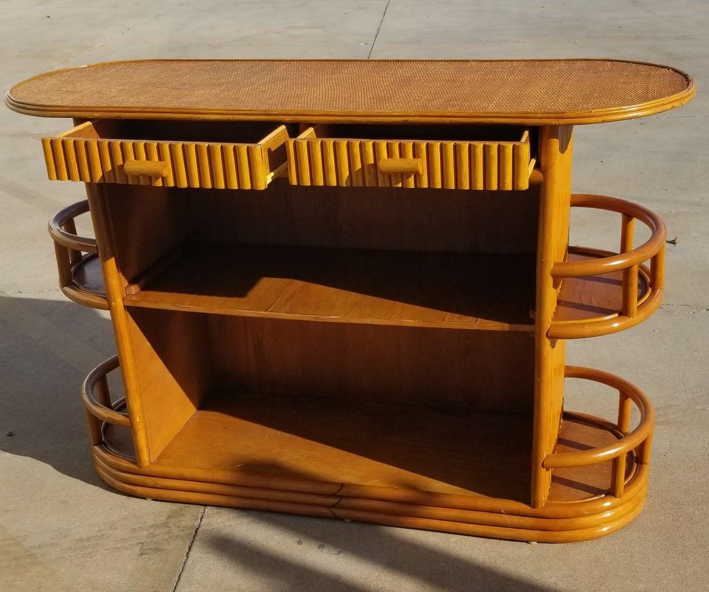 Restored Rattan Dry Bar Featuring Side Shelves and Mat Top In Excellent Condition For Sale In Van Nuys, CA
