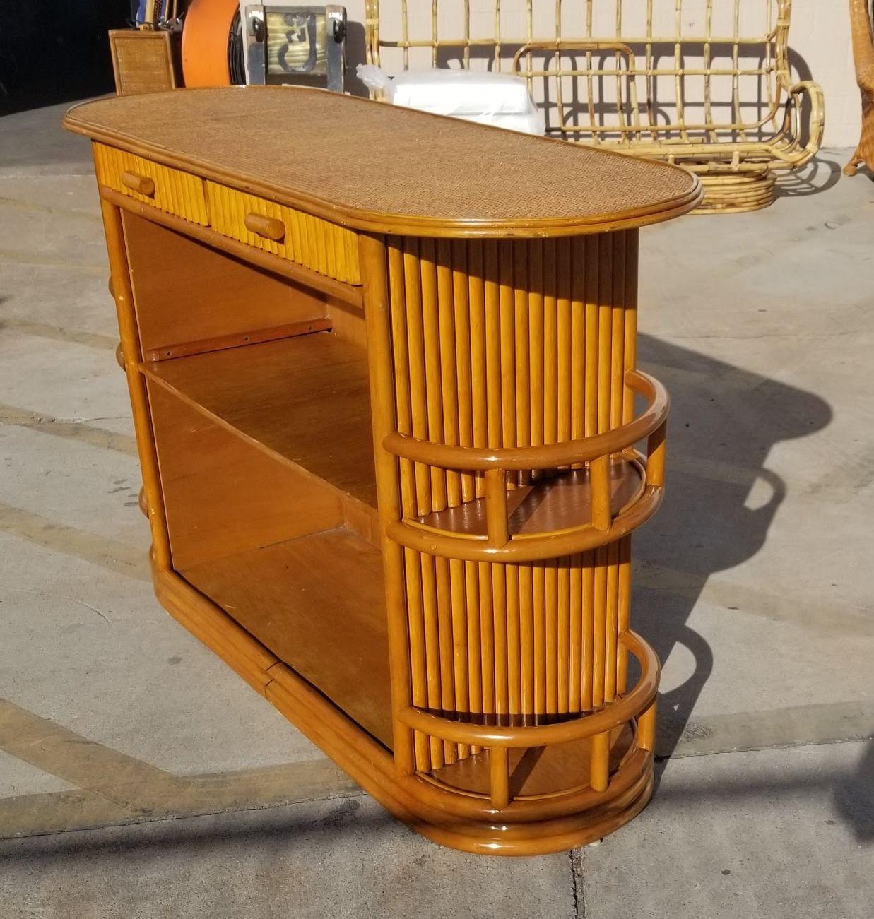 Mid-20th Century Restored Rattan Dry Bar Featuring Side Shelves and Mat Top For Sale