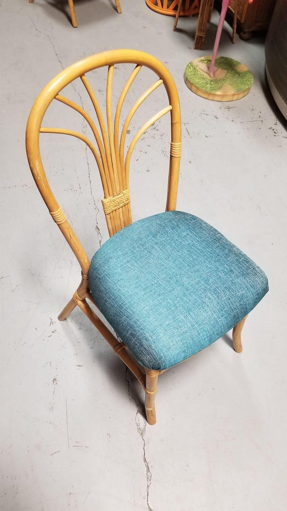 Fabric Restored Rattan Fan Back Dining Chairs, Pair For Sale
