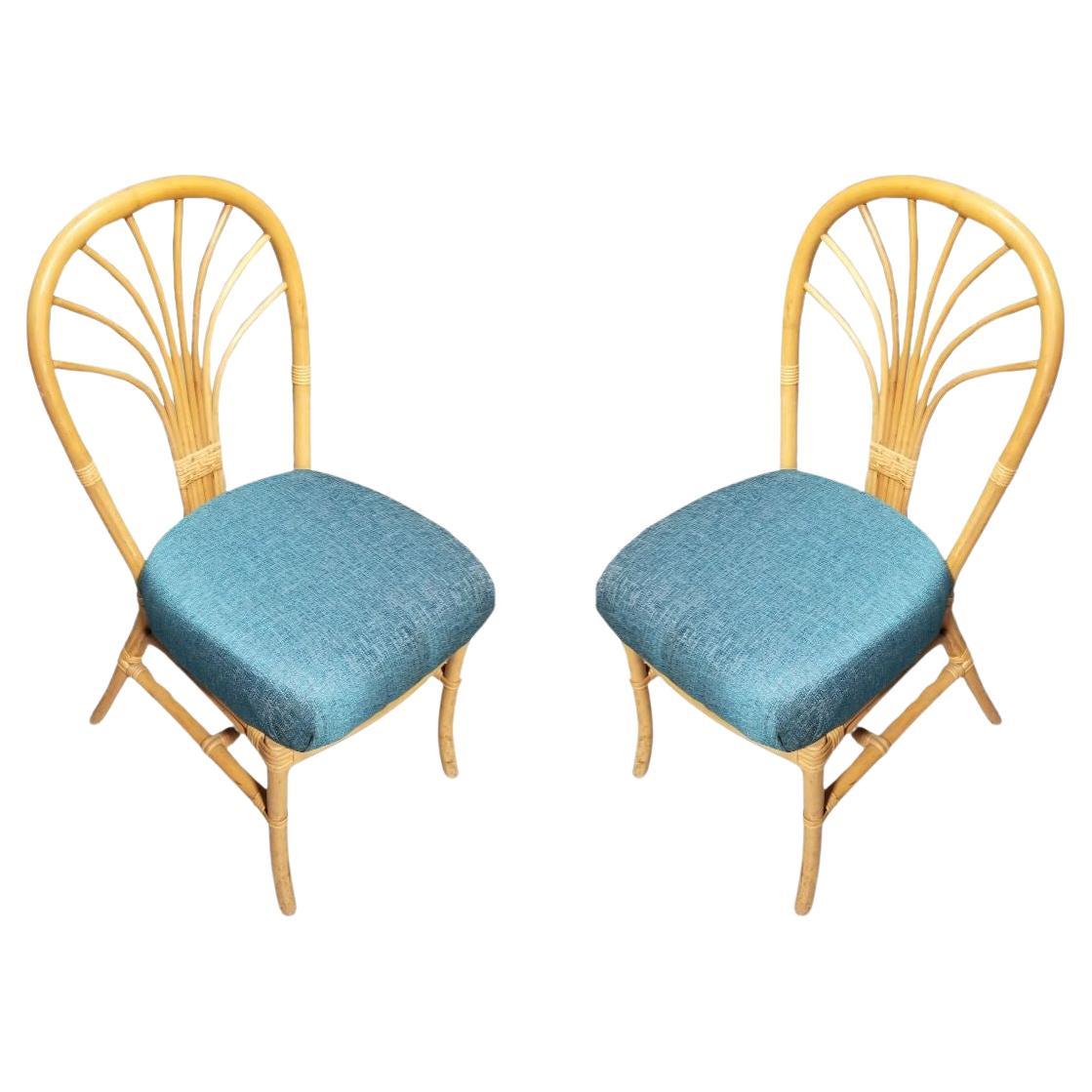 Restored Rattan Fan Back Dining Chairs, Pair