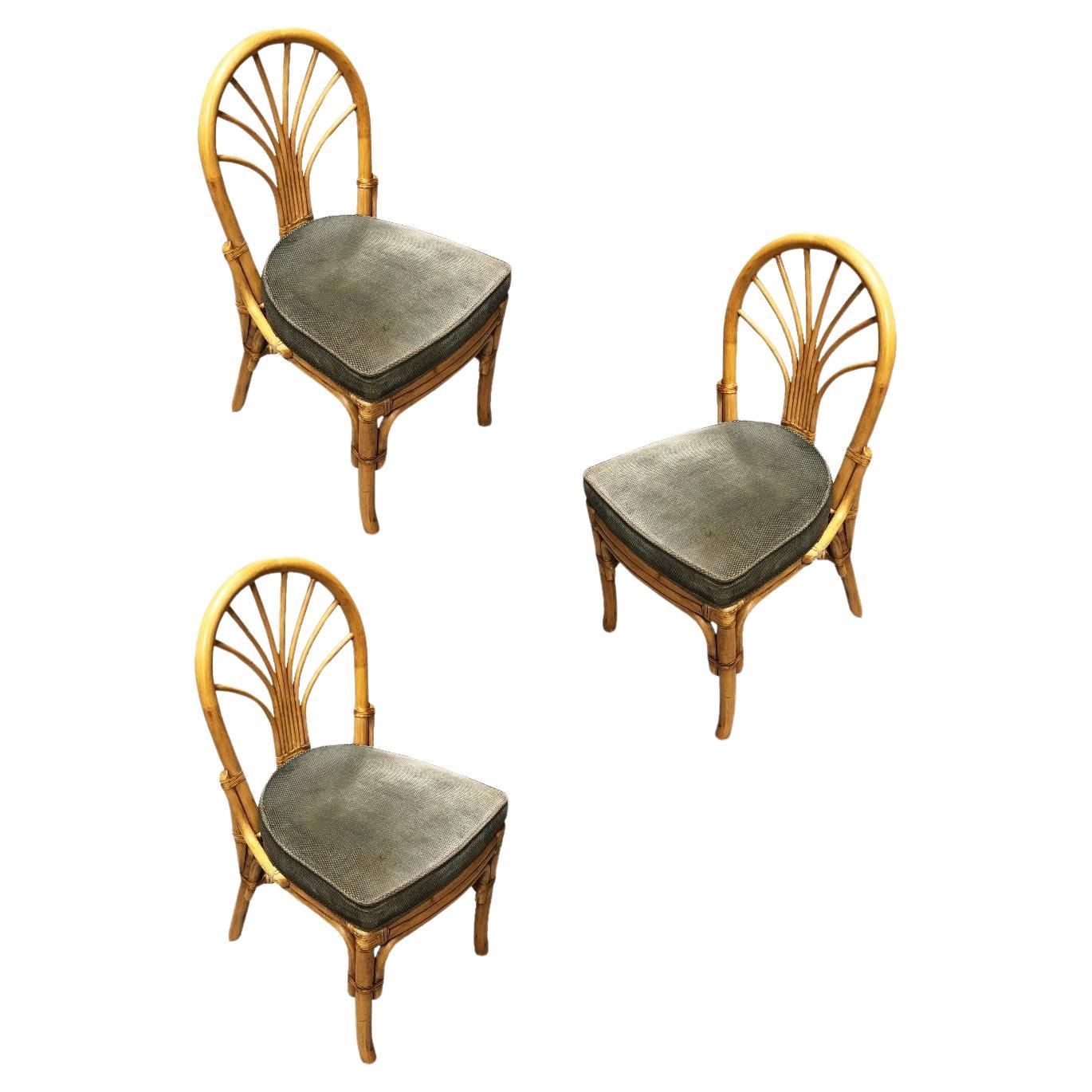 Restored Rattan Fan Back Dining Chairs Set of 3