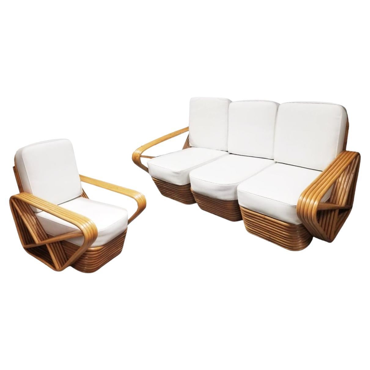Restauriertes fünfsträngiges, quadratisches Rattan-Sofa und Loungesessel-Set mit Brezel im Angebot