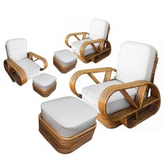 Restored Rattan Five-Strand "Victory Speed" Arm Loungechair w/ Ottoman, Set of 3